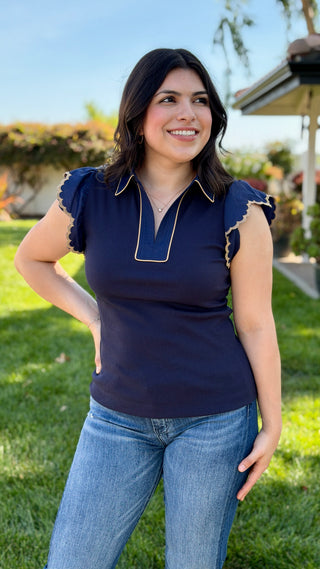 Embroidered Short Sleeve Collar V-Neck Knit Top