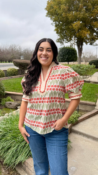 Women's Floral Pattern Puff Sleeve Blouse