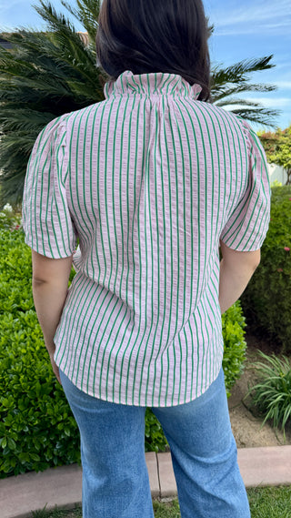 THML Ruffle Neck Striped Puff Sleeve Top – Pink & Green