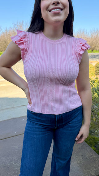 Ruffle Shoulder Ribbed Knit Top