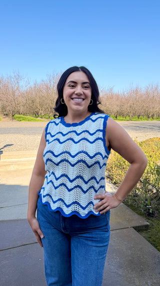 Marine Scalloped Striped Knit Tank – Ivory & Blue