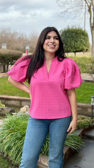 Textured V-Neck Puff Sleeve Blouse
