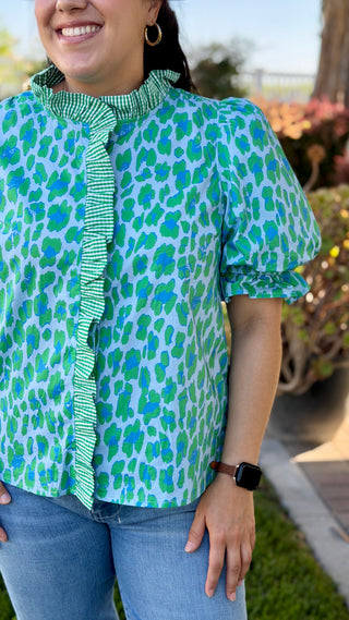 Entro Leopard & Gingham Mix Puff Sleeve Blouse – Green & Blue