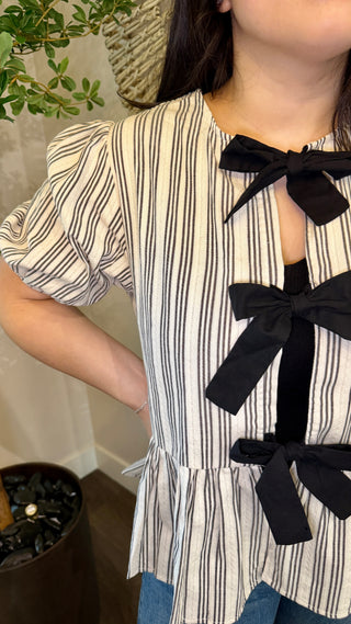 Black Bow Stripe Peplum Top