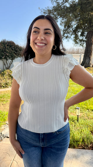 Ruffle Shoulder Ribbed Knit Top