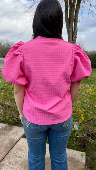 Textured V-Neck Puff Sleeve Blouse