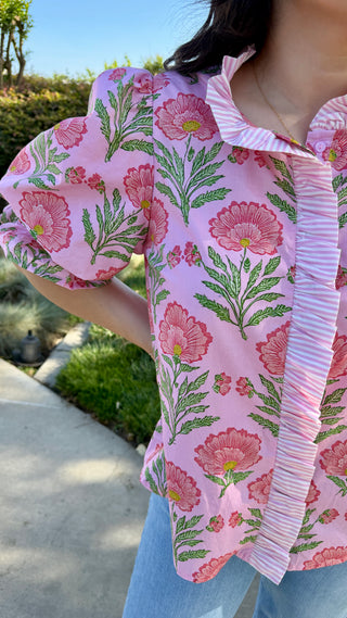 Entro Puff Sleeve Floral Blouse with Striped Trim