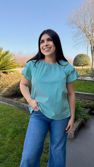 Emerald Scallop Sleeve Striped Cotton Blouse