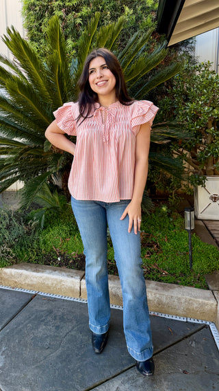 Stripe Ruffled Short Sleeve Blouse