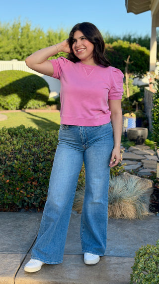 Pleated Puff Sleeve Crew Neck Top