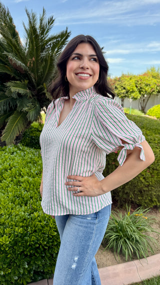 THML Ruffle Neck Striped Puff Sleeve Top – Pink & Green