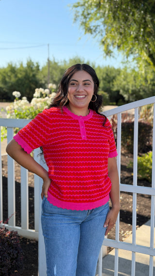 Zig-Zag Pattern Lightweight Short Sleeve Sweater Top - Pink
