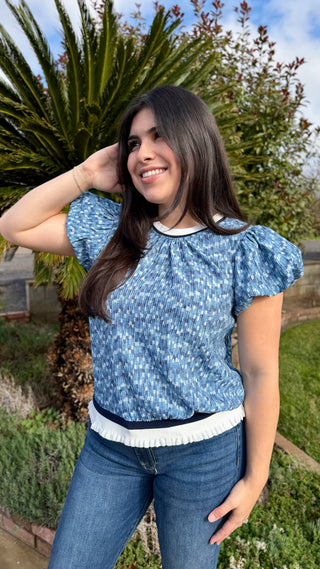 Blue Ruffle Ribbed Stripe Knit Top