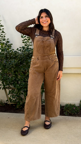 mocha mineral washed barrel leg overalls with adjustable buckle straps
