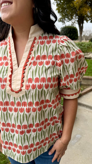 Women's Floral Pattern Puff Sleeve Blouse