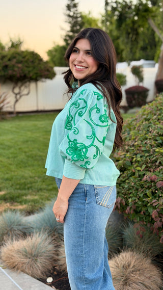 Floral Embroidered Puff Sleeve Striped Blouse – Ruffled Neck Button-Up