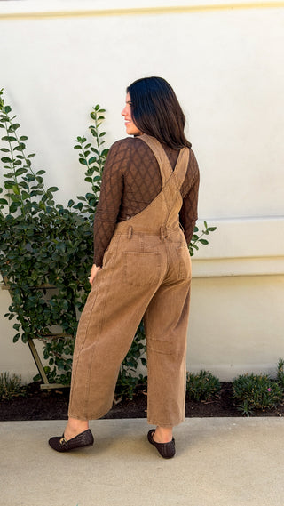 mocha mineral washed barrel leg overalls with adjustable buckle straps