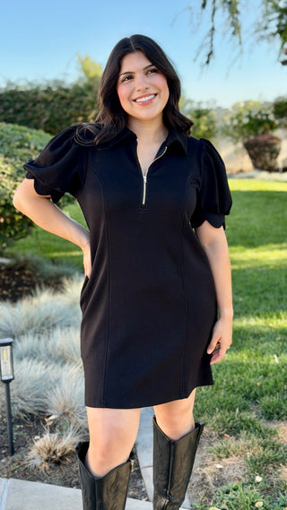 Entro Scalloped Sleeve Zip-Neck Dress - Black
