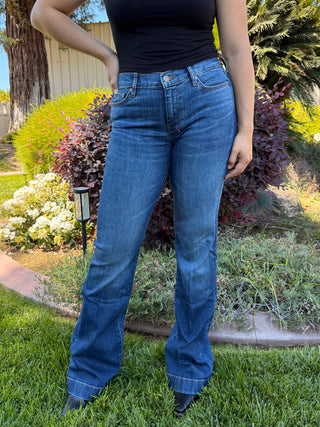 Person wearing blue jeans with a silver stitching on pocket.
