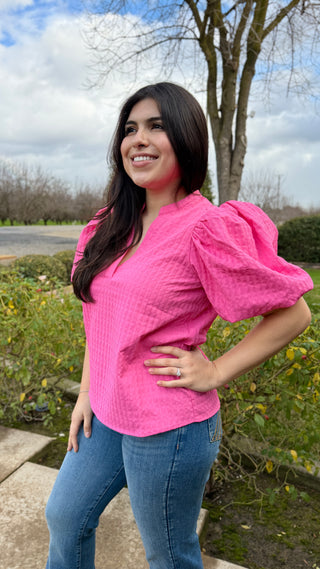 Textured V-Neck Puff Sleeve Blouse