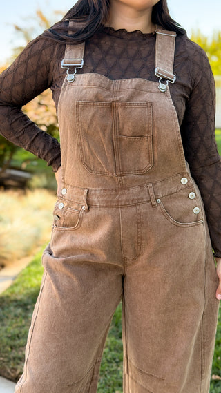 mocha mineral washed barrel leg overalls with adjustable buckle straps