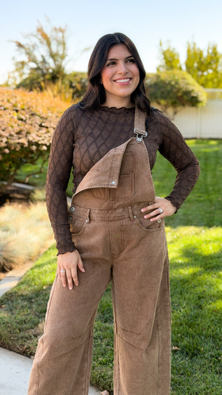 mocha mineral washed barrel leg overalls with adjustable buckle straps