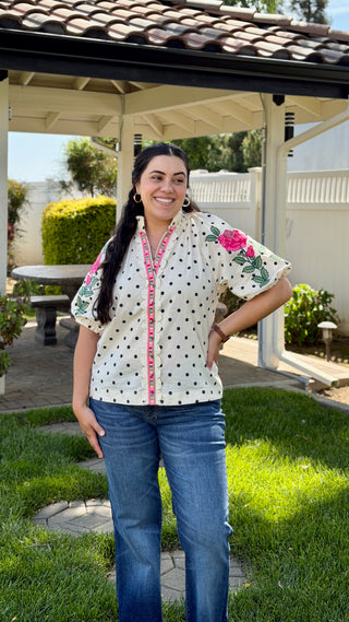 THML Floral Embroidered Polka Dot Puff Sleeve Top