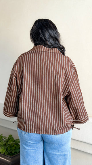 Women's oversized brown and white striped V-neck long sleeve top