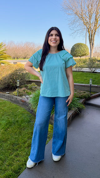 Emerald Scallop Sleeve Striped Cotton Blouse