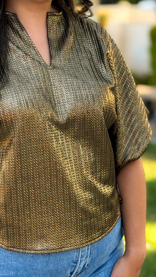 Women's metallic gold tie-sleeve top with V-neckline