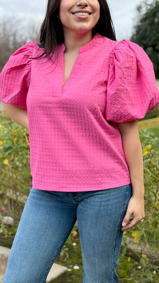 Textured V-Neck Puff Sleeve Blouse