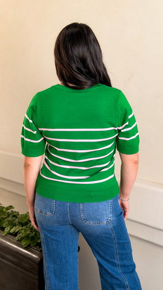 Green and baby pink striped short sleeve sweater for women, soft comfortable knit top