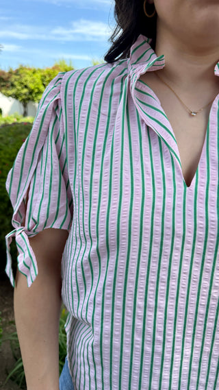 THML Ruffle Neck Striped Puff Sleeve Top – Pink & Green