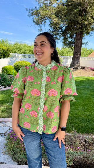 Entro Puff Sleeve Floral Blouse with Striped Trim