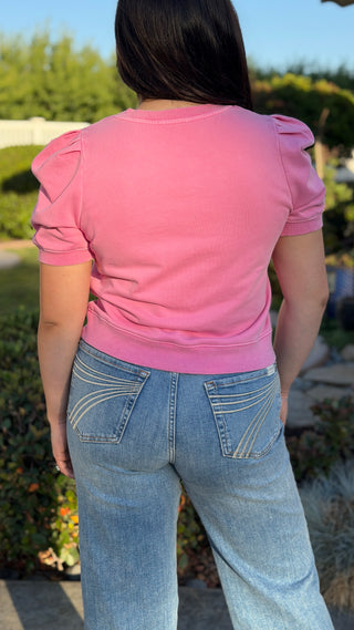 Pleated Puff Sleeve Crew Neck Top