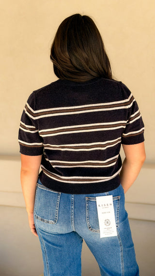 Back view of navy striped short sleeve sweater knit top