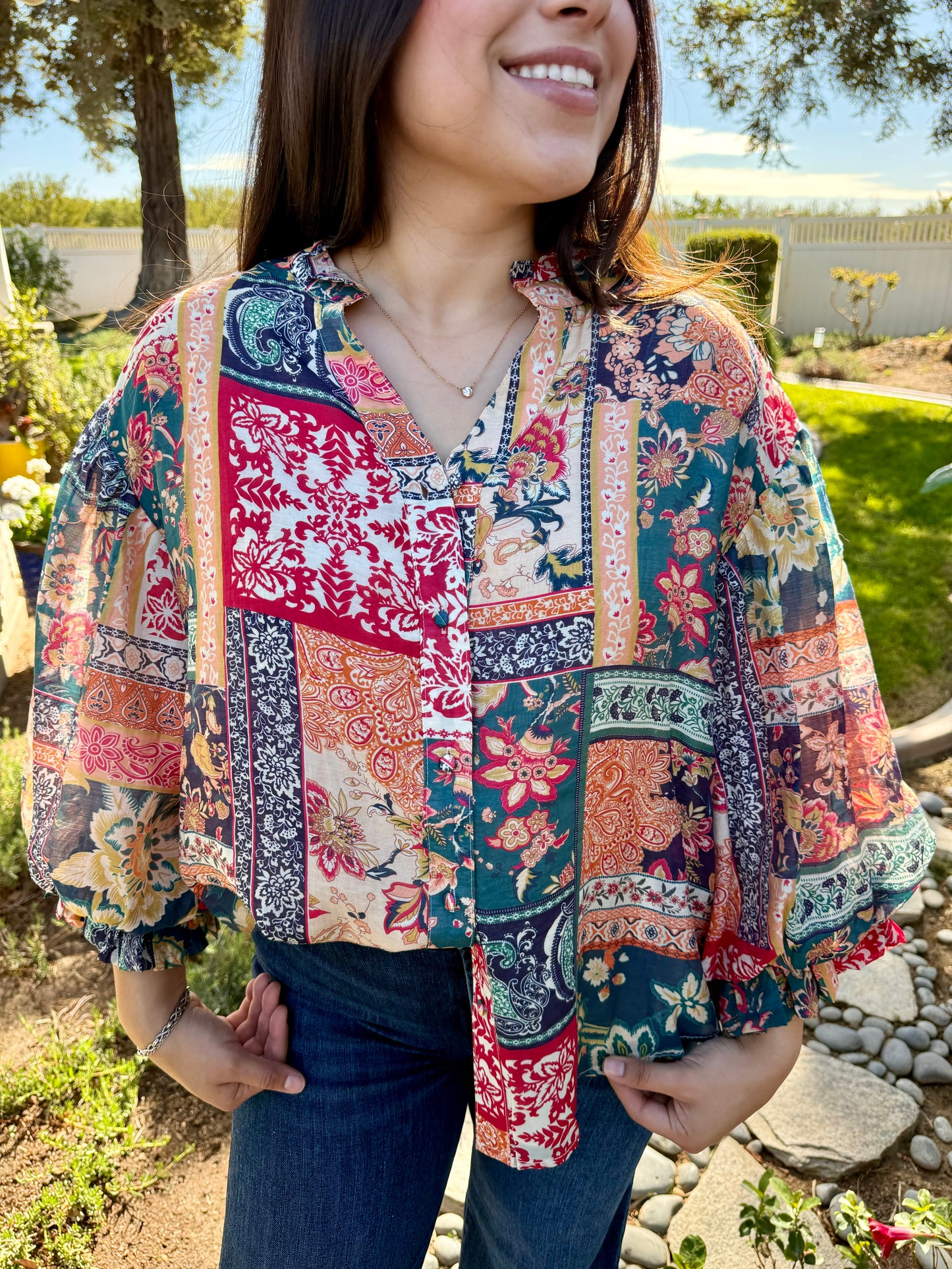 The Patchwork Bubble Sleeve Blouse