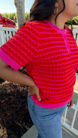 Zig-Zag Pattern Lightweight Short Sleeve Sweater Top - Pink