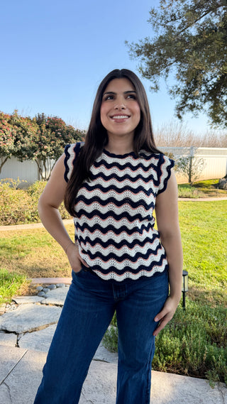 Zig Zag Striped Crochet-style Knit Top