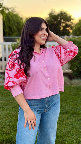 Floral Embroidered Puff Sleeve Striped Blouse – Ruffled Neck Button-Up