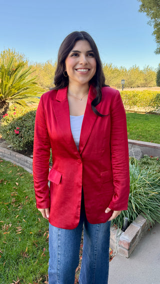 Women's One Button Satin Blazer in Red
