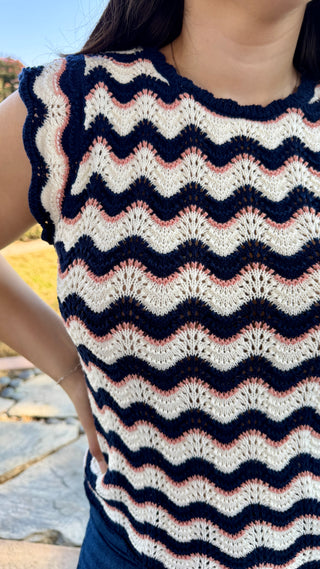 Zig Zag Striped Crochet-style Knit Top