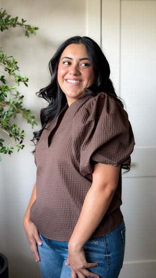 Women's brown textured V-neck puff sleeve top with short sleeves