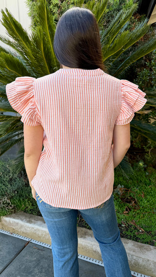 Stripe Ruffled Short Sleeve Blouse