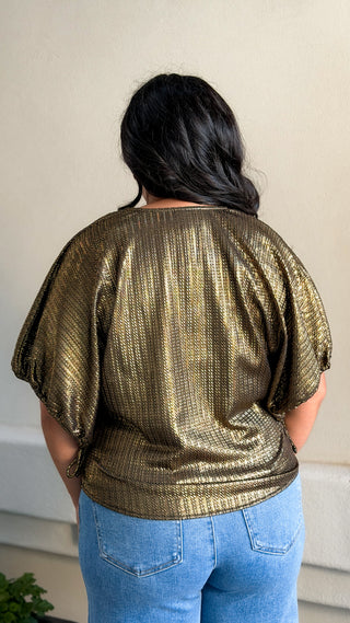 Women's metallic gold tie-sleeve top with V-neckline