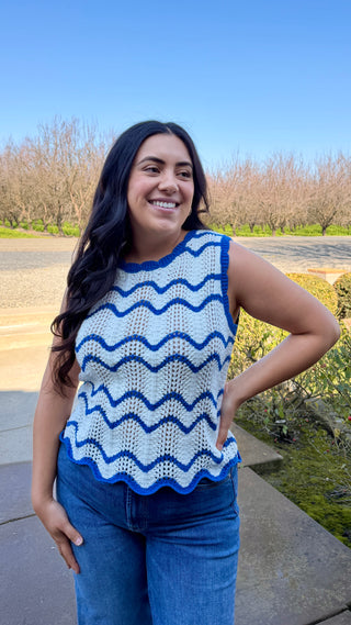 Marine Scalloped Striped Knit Tank – Ivory & Blue