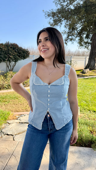 Striped Lace-Trim Button Front Top