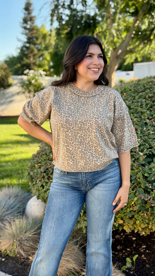 Woman wearing a neutral leopard print ribbed knit short sleeve top with a crew neckline, rolled sleeves, and a slightly cropped fit paired with medium wash jeans.