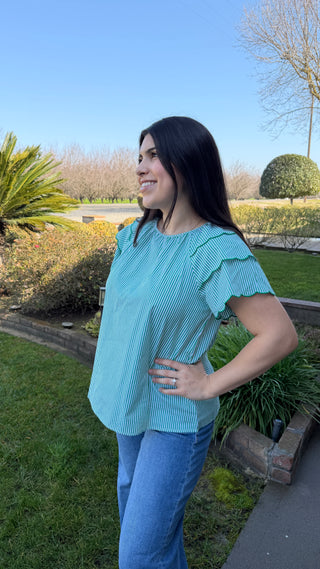Emerald Scallop Sleeve Striped Cotton Blouse