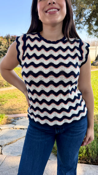 Zig Zag Striped Crochet-style Knit Top